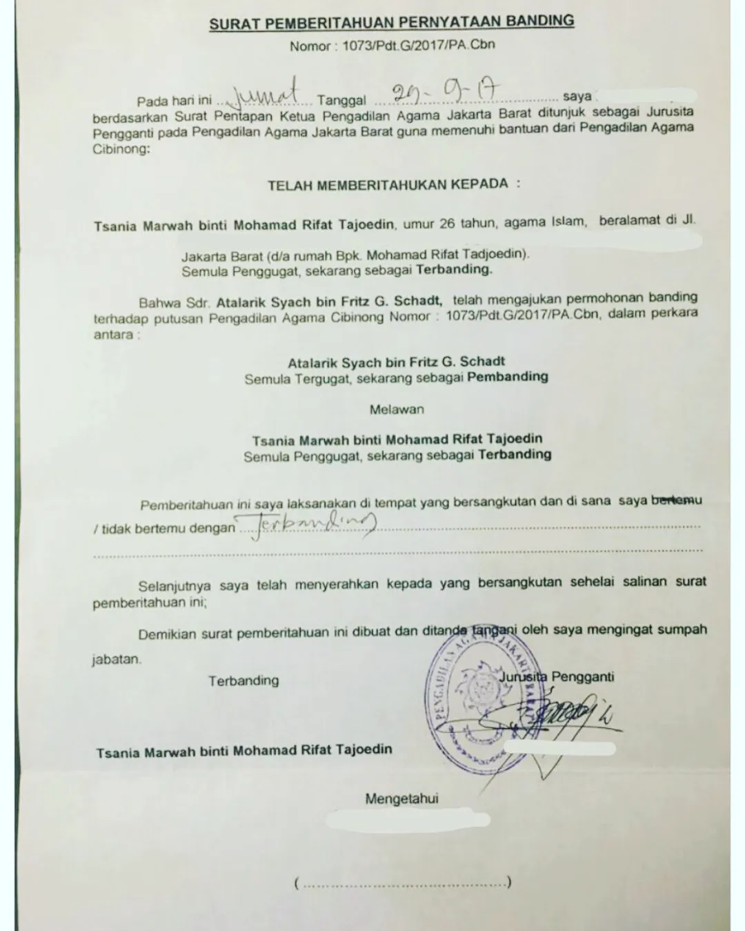 Surat banding yang diajukan Atalarik © Instagram/tsaniamarwa54