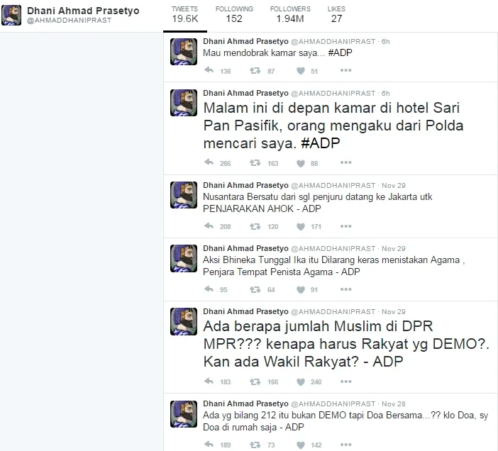 Deretan tweet terakhir Ahmad Dhani. Štwitter ahmaddhaniprast