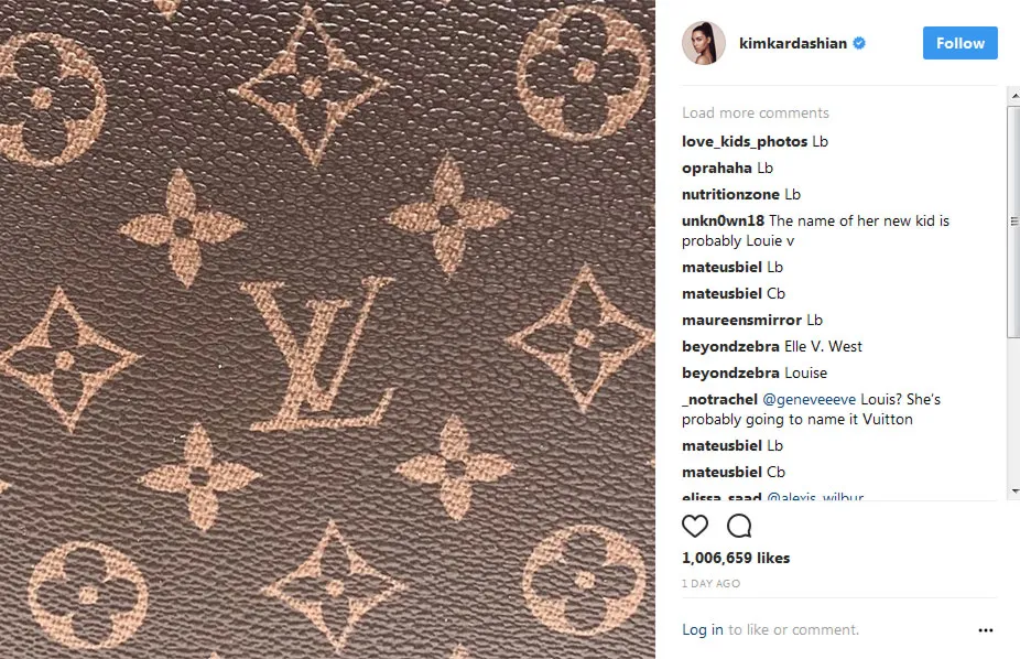 Kim K posting foto pattern LV. Credit: instagram.com/kimkardashian