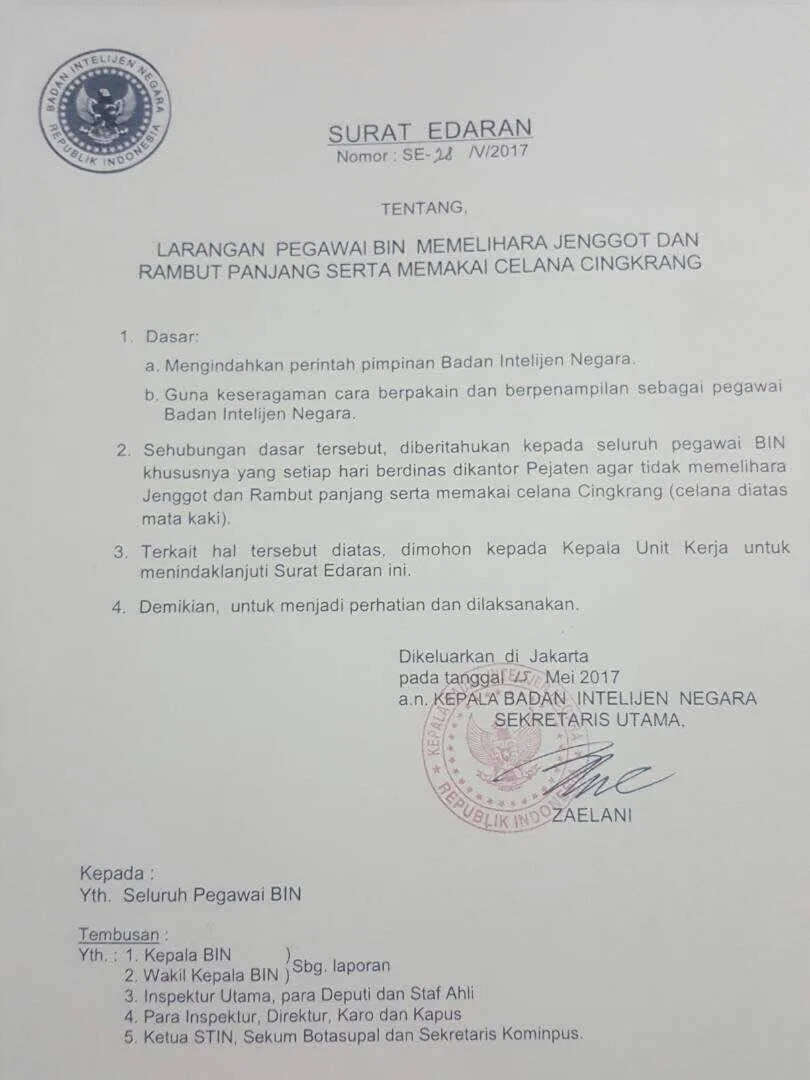 Surat edaran BIN tentang larangan berjenggot yang menjadi perbincangan di media sosial © istimewa