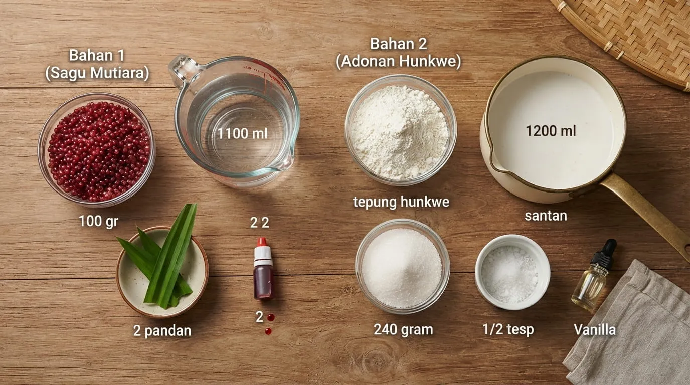 Bahan-Bahan Cente Manis Sagu Mutiara dengan Santan. Foto: AI Generated