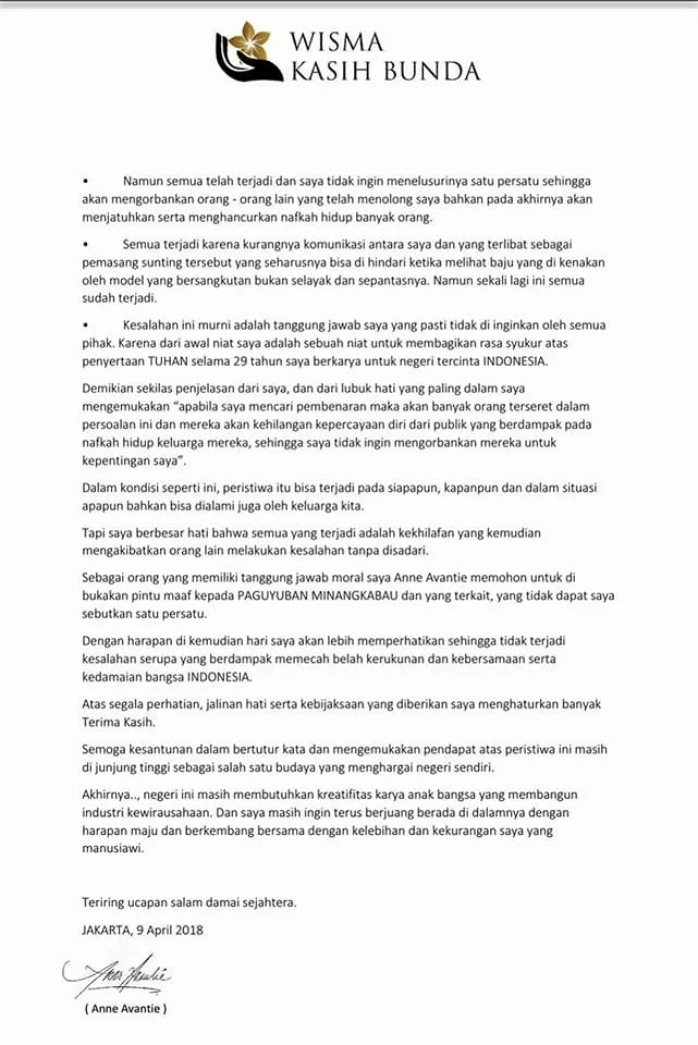 Surat permintaan maaf Anne Avantie (credit : facebook.com/jazmanrizal)