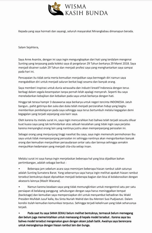 Surat permintaan maaf Anne Avantie (credit : facebook.com/jazmanrizal)