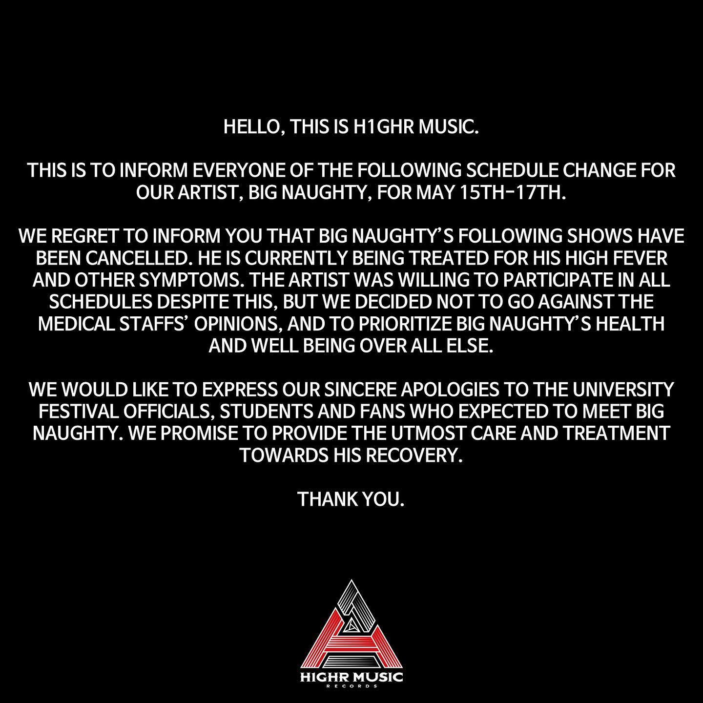 H1GHR Music's official statement regarding BIG Naughty/Credit:instagram.com/h1ghrmusic