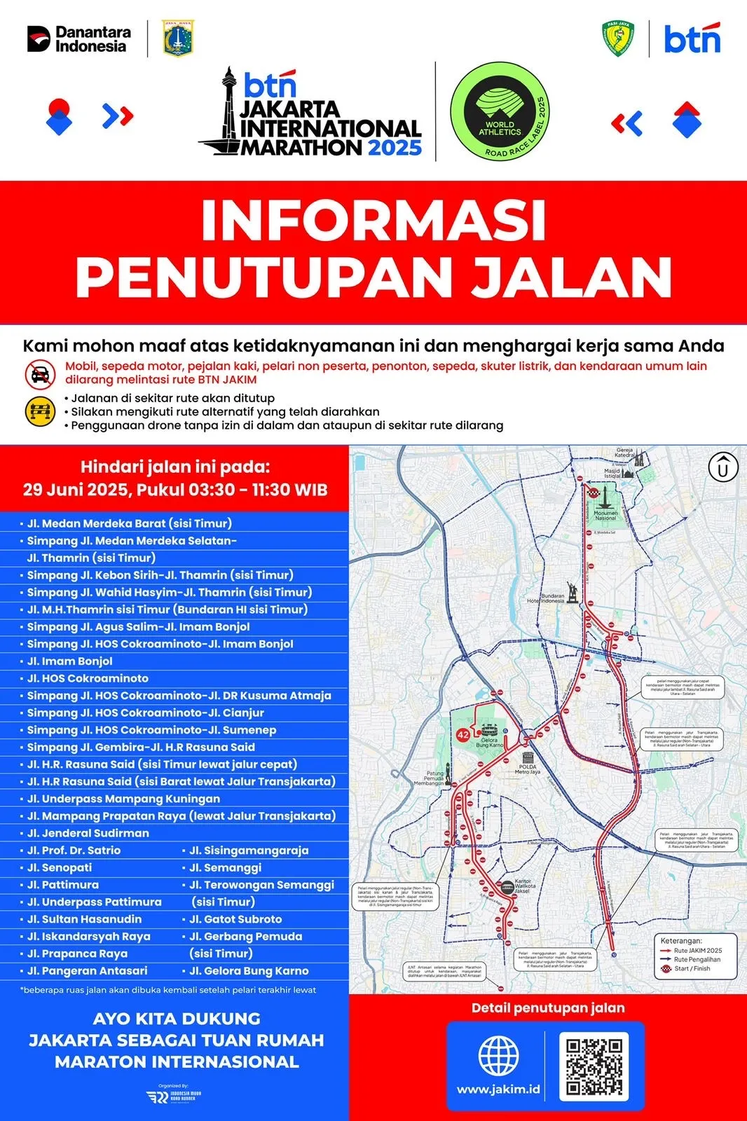 Informasi penutupan jalan selama gelaran BTN Jakarta Marathon 2025