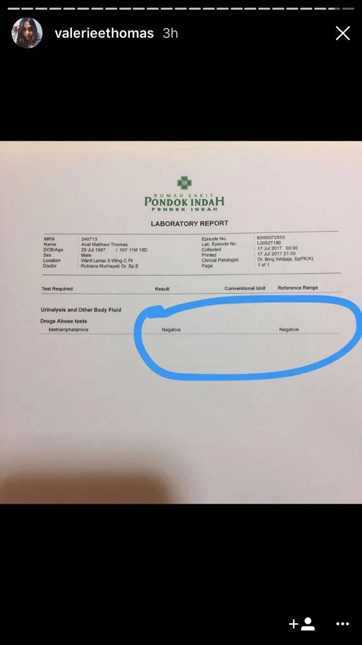 Valeri Thomas sempat mengupload hasil tes Axel di instastory dan terlihat putra Jeremy Thomas itu negatif dari narkoba. 姆nstagram.com/valerieethomas