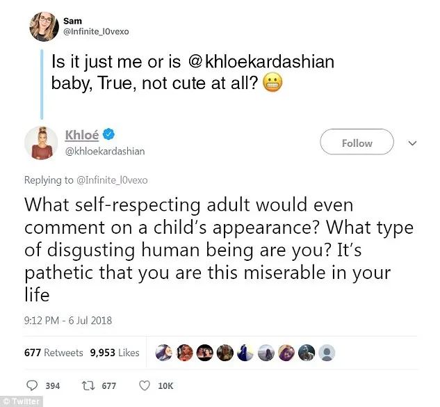 Komentar julid yang langsung direspon oleh Khloe Kardashian. (twitter.com/KhloeKardashian)