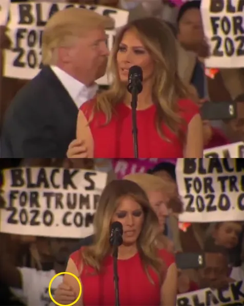 Melania yang sudah gugup tampak semakin awkward saat sang suami menyentuh lengannya © istimewa