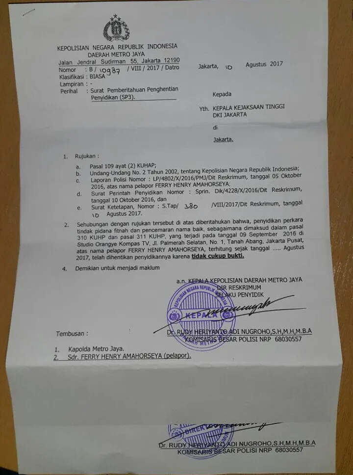 Kasus pencemaran nama baik yang dilakukan Mario Teguh dihentikan. 咄erry Henry Amahorseya