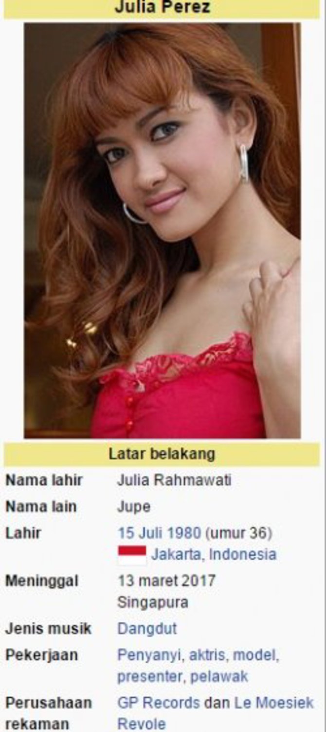 Penyanyi dangdut Julia Perez sempat ditulis meninggal di halaman profil Wikipedia Bahasa Indonesia beberapa hari lalu © Wikipedia