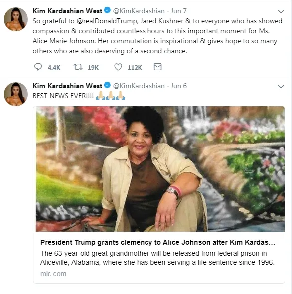 Ungkapan kebahagiaan Kim atas pembebasan Alice Johnson. © twitter.com/kimkardashianwest