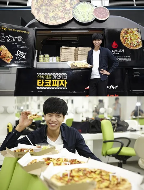 Lee Seung Gi seolah sedang melakukan sesi foto di depan truck pizza yang dipesannya @mwave.interest.me