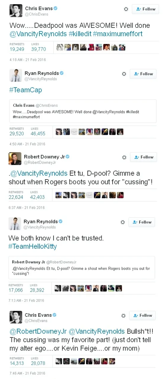Percakapan di Twiiter antara Chris Evans, Ryan Reynolds, dan Robert Downey Jr © istimewa