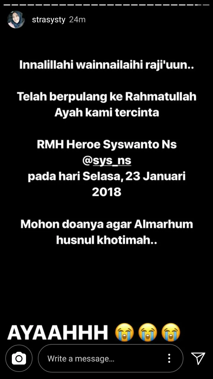 Putri Sys NS yaitu Syandita mengungkap rasa dukanya melalui ig stories. cr: instagram.com/strasysty
