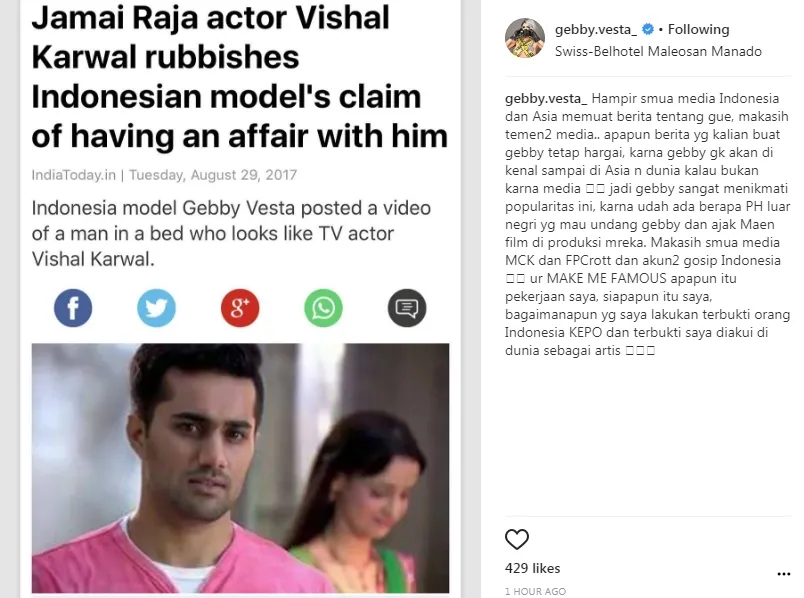 Gebby tanggapi bantahan Vishal ©instagram/gebby.vesta_