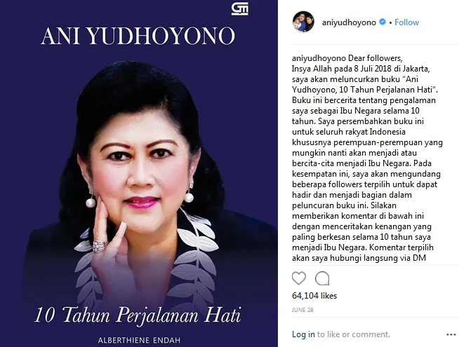 Ani Yudhoyono ajak followers sosial media hadiri acara launching buku. Credit: via instagram.com/aniyudhoyono