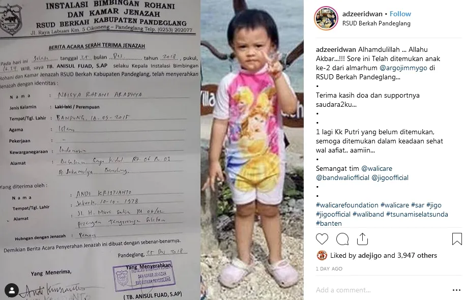 Anak kedua Aa Jimmy jadi yang pertama ditemukan ©instagram/adzeeridwan