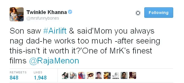 Istri dan putra sulung Akshay Kumar bangga akan film 'AIRLIFT' © Twitter.com/mrsfunnybones