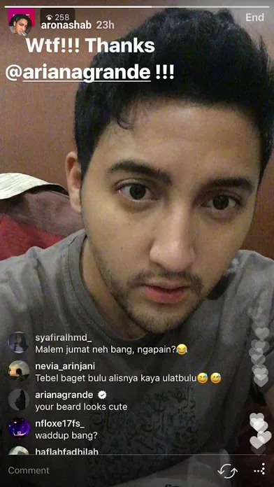 Ariana Grande puiji jenggot Aron Ashab. ©Instagram/aronashab