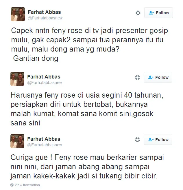 Farhat Abbas kritik pedas Feny Rose © Twitter.com/farhatabbasnew