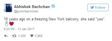 Abhishek kenang momen lamar Aishwarya ©twitter/juniorbachchan