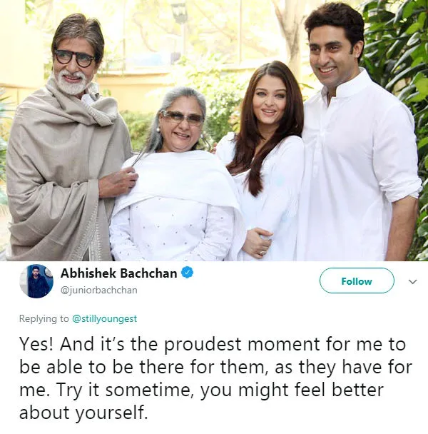 Abhishek balas komentar netizen dengan manis ©twitter/juniorbachchan