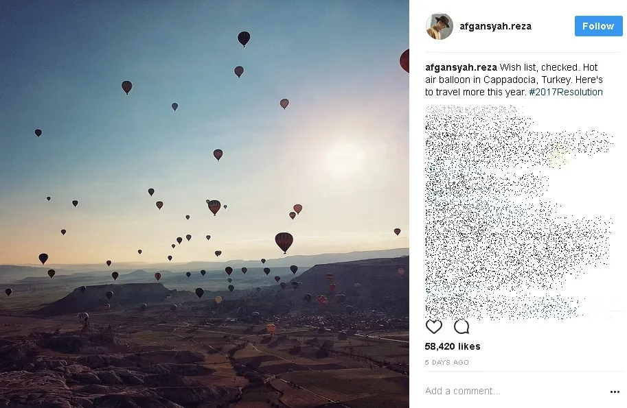 Afgan menikmati indahnya pemandangan langit Turki dengan naik balon udara. /©instagram.com/afgansyah.reza