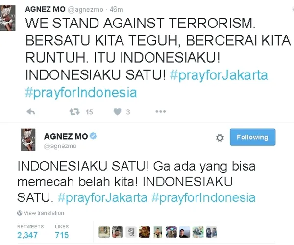 Agnes menegaskan tidak akan terprovokasi dengan aksi terorisme. / © Agnez Mo Official Twitter