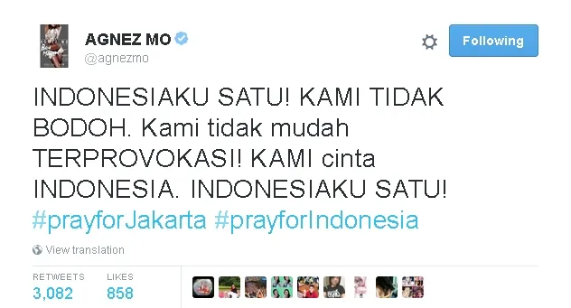 Twit Agnes Monica menyatakan simpati untuk kejadian mencekam di Sarinah. / ©Agnez Mo Official Twitter
