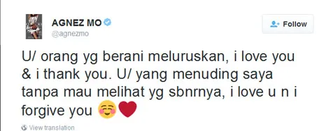 Kicauan Agnes Monica di Twitter tanggapi tuduhan haters © Twitter.com/agnesmo