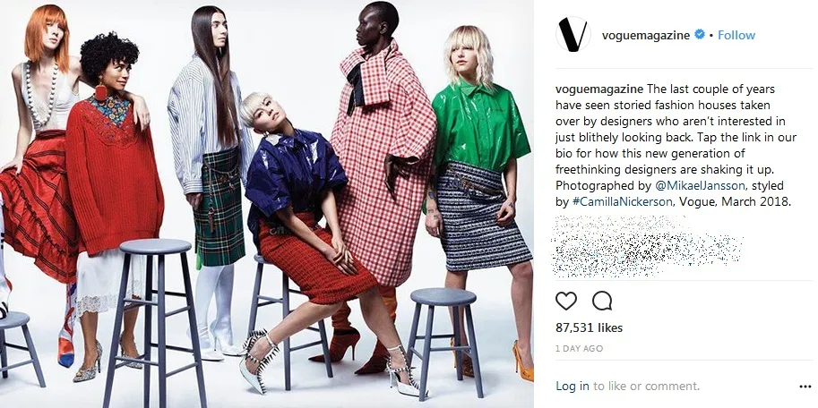 Akun IG Vogue pun mengunggah halaman majalah edisi Maret 2018 tersebut. Credit: via instagram.com/voguemagazine