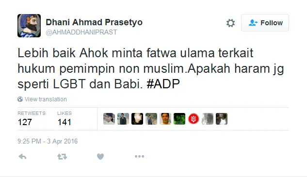 Tweet Dhani sindir Ahok © Twitter/ahmaddhaniprast