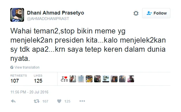 Dhani ingin netizen stop jelek-jelekkan Jokowi? © Twitter/ahmaddhaniprast