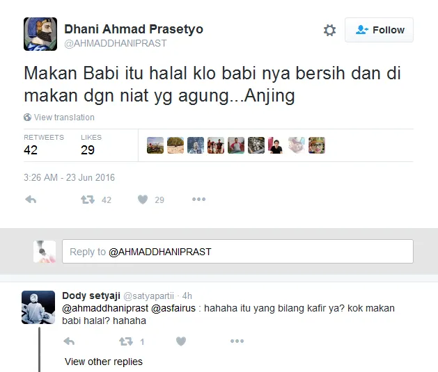 Dhani sebut makan babi itu halal bagi orang muslim © Twitter/ahmaddhaniprast