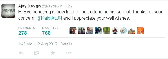 Ini dia jawaban Ajay Devgan soal kesehatan Yug @twitter.com/ajaydevgn