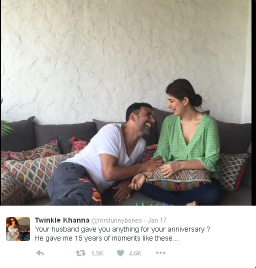 Momen mesra Akshay dan Twinkle di perayaan ultah pernikahan ke-15, sederhana namun manis © Twitter.com/mrsfunnybones