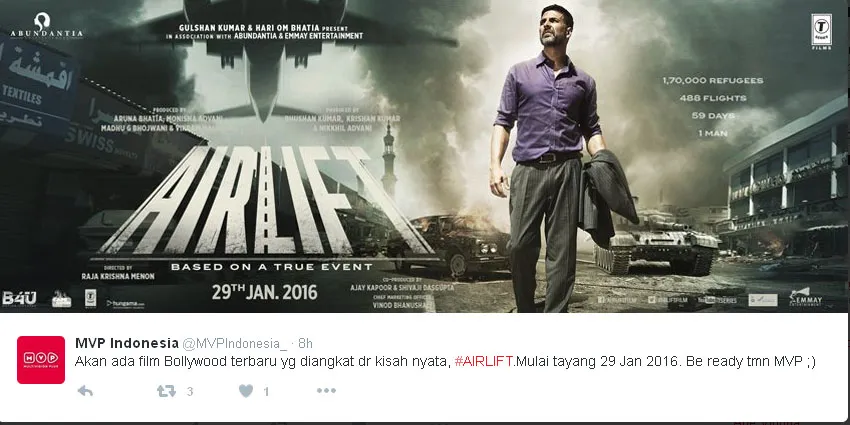 'AIRLIFT' bakal tayang di Indonesia tanggal 29 Januari mendatang © Twitter.com/MVPIndonesia_