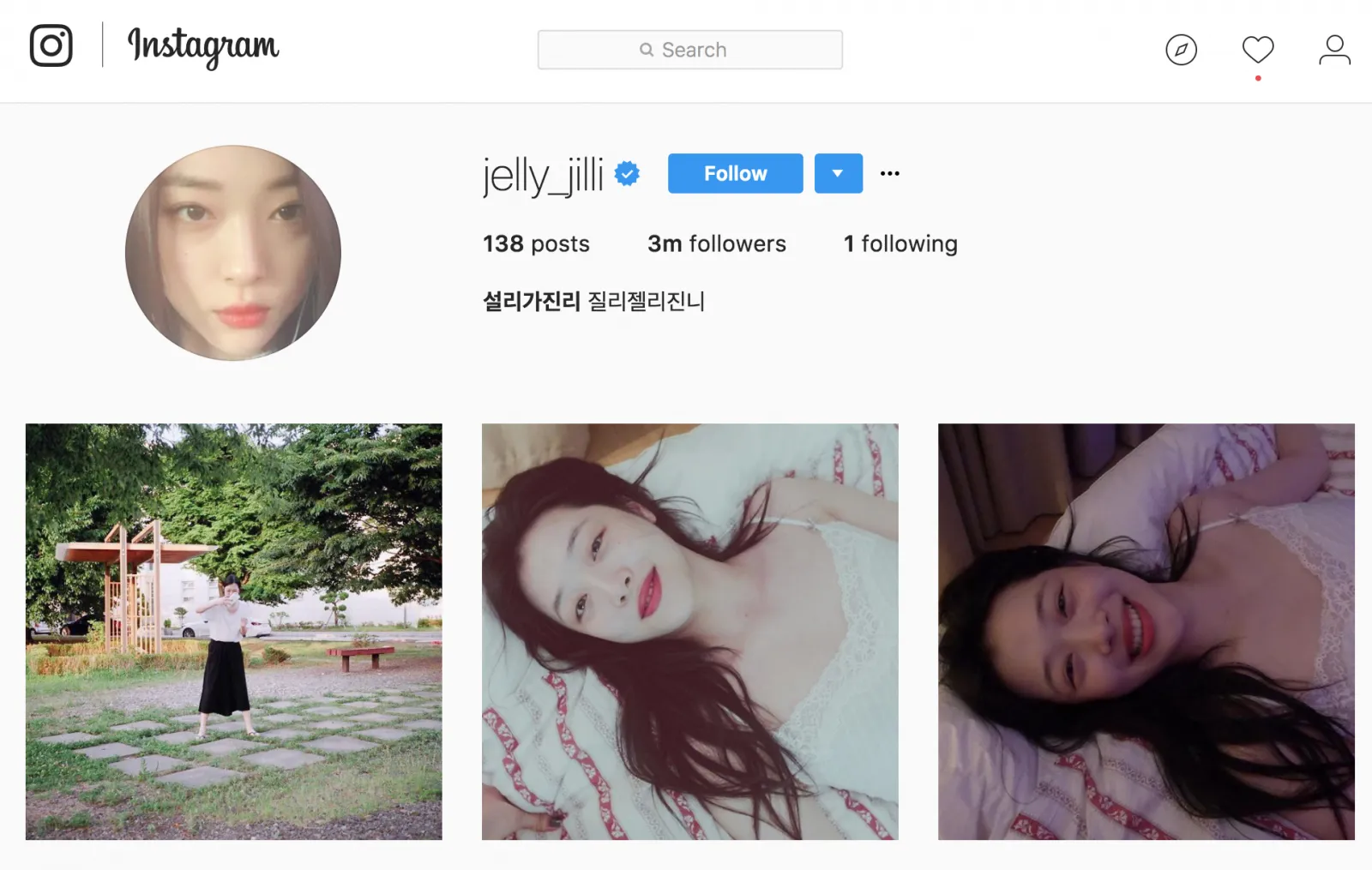 Akun Instagram Sulli yang hanya memfollow satu akun saja. © Koreaboo.com