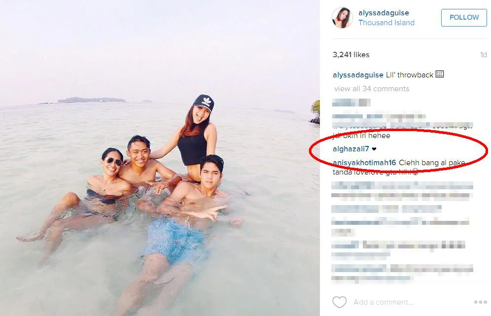 Al Ghazali beri emoticon love buat postingan Alyssa © Instagram.com/alyssadaguise