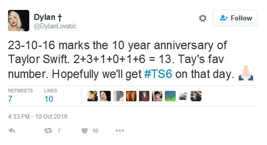 Benarkah angka ini adalah kode untuk kehadiran album baru Taylor Swift? © twitter.com/DylanLovatic