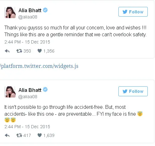 Ucapan terima kasih Alia pada fans yang khawatir © Twitter.com/aliaa08