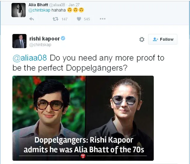 Alia Bhatt dan Rishi Kapoor saat masih muda, mirip nggak sih? © Twitter.com/chintskap
