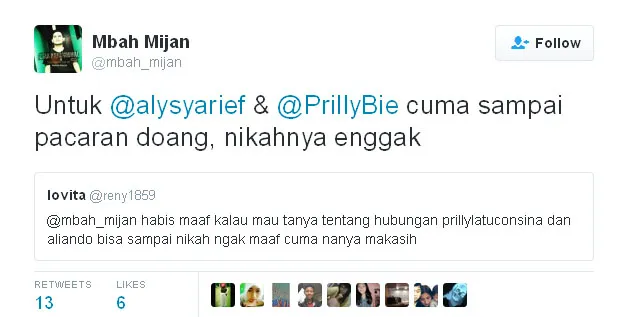Ramalan Mbah Mijan buat Aliando dan Prilly © Twitter.com/mbah_mijan