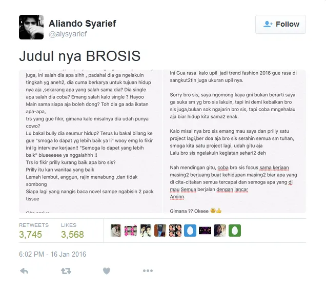 Ali tak terima Prilly dibully © Twitter/alysyarief