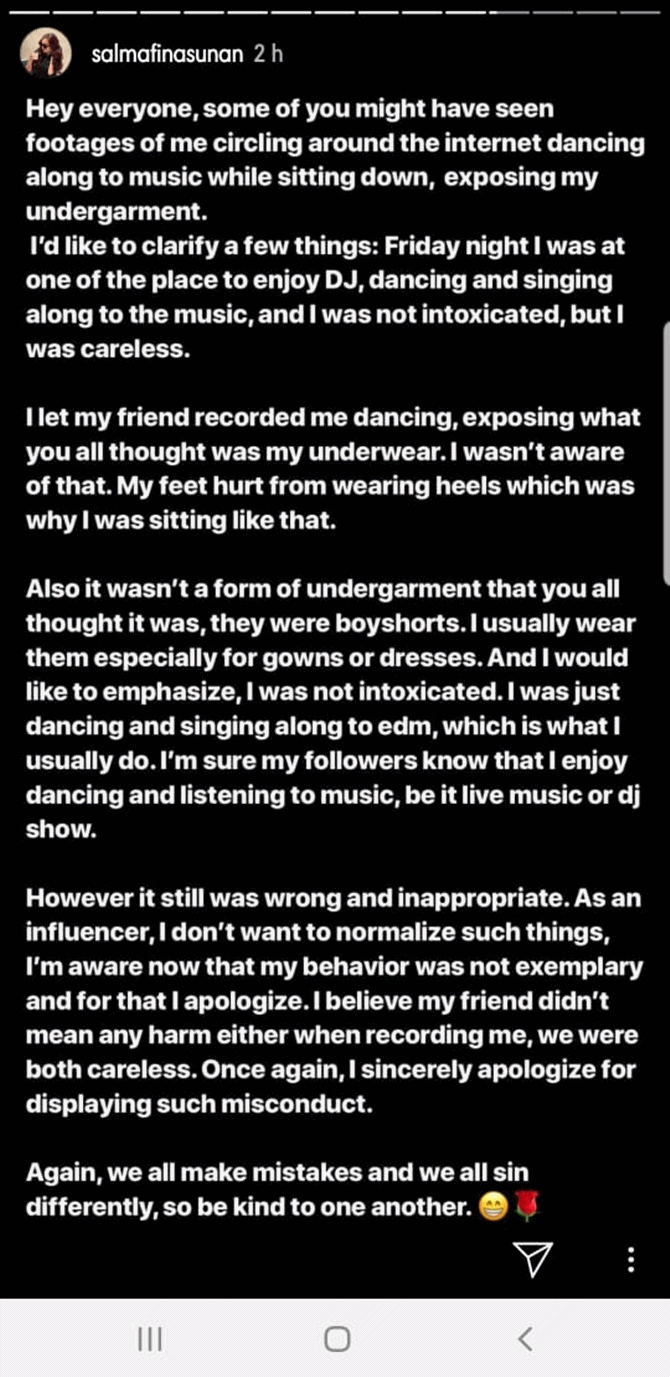 Insta story Salmafina Sunan (credit: instagram.com/salmafinasunan)