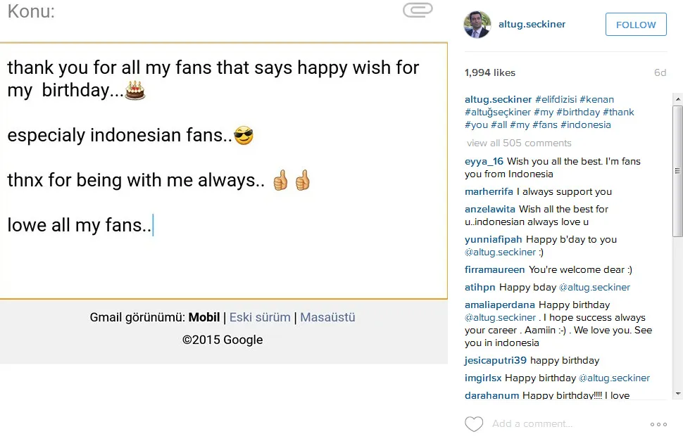 Altug berterima kasih atas perhatian fans di hari ulang tahunnya. @instagram/altug.seckiner