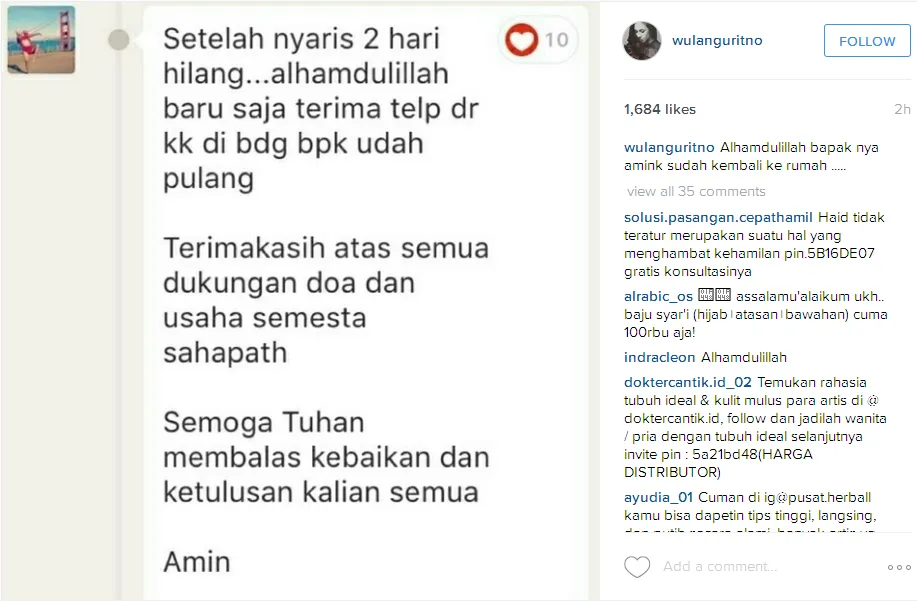 Ayah Aming sudah kembali setelah nyaris 2 hari menghilang © Instagram/wulanguritno