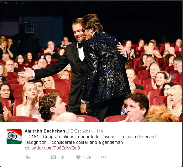 Amitabh beri ucapan selamat pada Leonardo © Twitter.com/SrBachchan