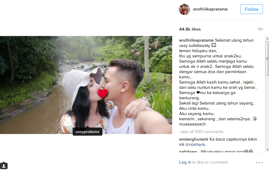 Ussy Sulistiawaty Ultah, Andhika Posting Foto Ciuman Mesra 