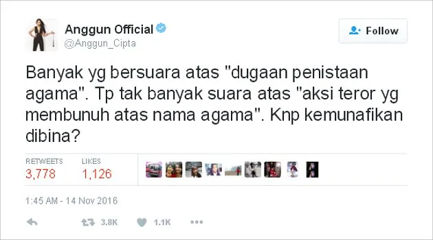 Anggun komentari isu penistaan agama yang belakangan ramai di Indonesia © Twitter.com/Anggun_Cipta